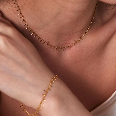 18K Gold Plated Stainless Steel Necklace And Anklet Set Minimalist Vertical Bar Tassel Fringe Jewelry For Women