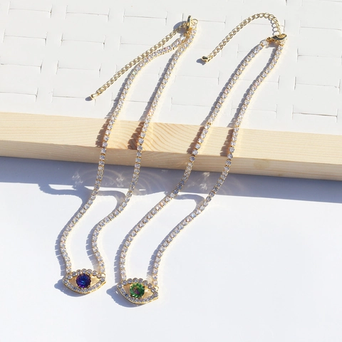 Evil Eye Hanger Ketting Verguld Koper Tennis Ketting Met Zirconia Micro Pave Mode Trendy Sieraden Voor Dames