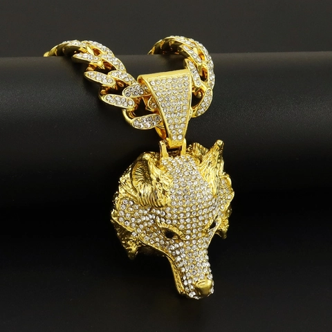 Wolf Head Pendant Necklace Iced Out Rhinestone Cuban Link Chain Hip Hop Rapper Jewelry For Men Women Alloy Bold