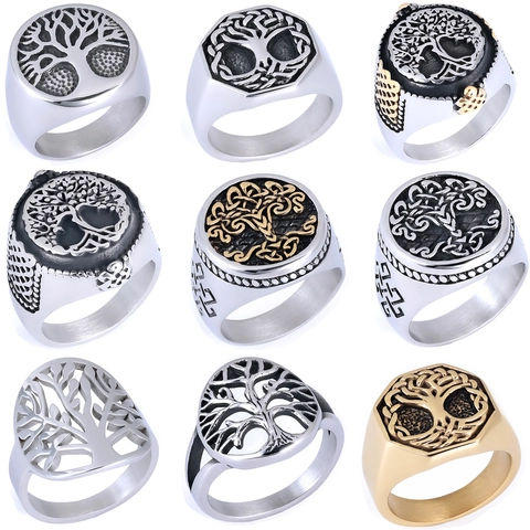 Anillo Árbol De La Vida De Acero Inoxidable Para Hombre Nudo Celta Nórdico Sello Retro Joyería Hip Hop
