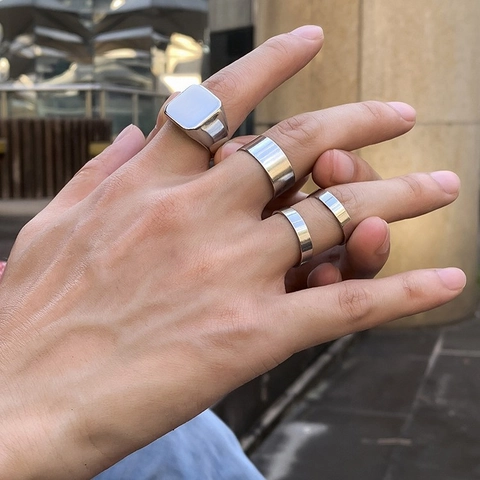Minimalist Polished Alloy Signet And Band Rings For Men Hip Hop Street Style Silver Tone High Street Fashion Accessories
