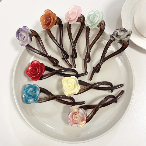 Pinza Para El Cabello De Flor De Rosa Elegante Retro Resina De Acetato Clip De Banana Para Mujer Peinado De Moño
