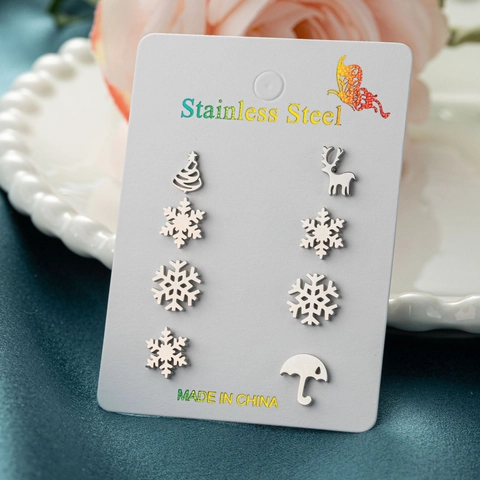 Stainless Steel Christmas Stud Earrings Snowflake Reindeer Tree Umbrella Festive Ear Studs For Women Minimalist Jewelry