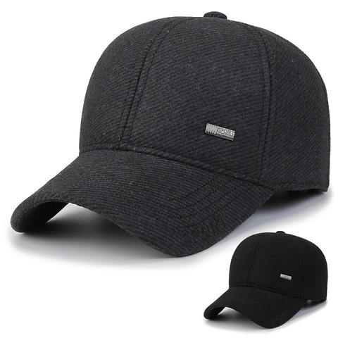 Men Winter Woolen Baseball Cap With Foldable Ear Protection Thickened Warm Outdoor Sport Hat Solid Color