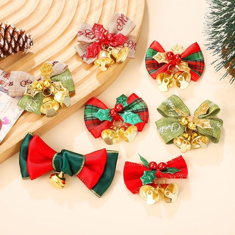 Christmas Bow Ornaments With Metal Bells Red Green Plaid Fabric Linen Ribbon For Festive Tree Wreath Hanging Decorations