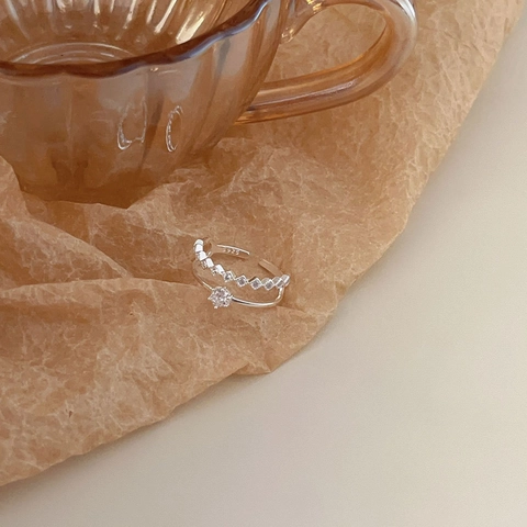 925 Sterling Silver Adjustable Ring Double Layer Zircon Heart Geometric Korean Style Dainty Jewelry For Women