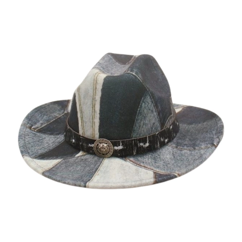Cappello Fedora In Patchwork Di Denim Retrò A Tesa Larga Stile Western Con Accessorio Testa Di Leone In Metallo Vintage Per Uomo Donna