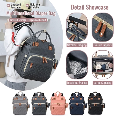Diaper Bag Backpack Large Capacity Waterproof Oxford Cloth With USB Charging Port Foldable Baby Bed Travel For Mommy