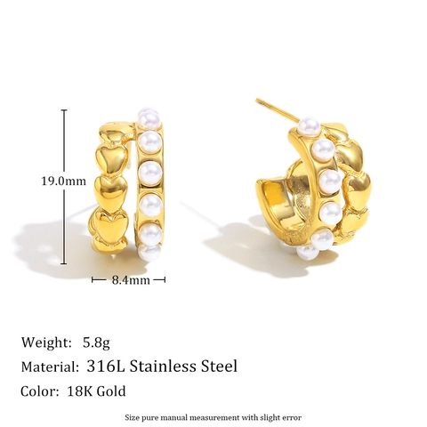 French Retro Hoop Earrings Stainless Steel 18K Gold Plated Heart Border Faux Artificial Pearl Elegant Jewelry For Women