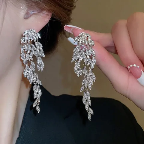 Glänzende Blatt Quasten Hängeohrringe Mit Strass Einlage Legierung Schmuck Und 925 Sterling Silver Earring Post Für Damen