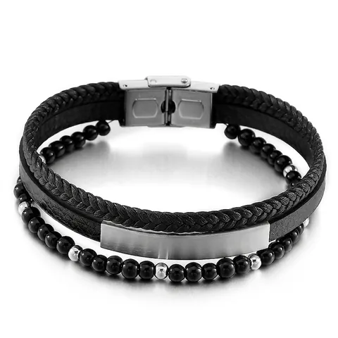 Bracelet Multi Couches Homme Acier Inoxydable Cuir Tressé Perles Gourmette Style Punk Bijoux Accessoires