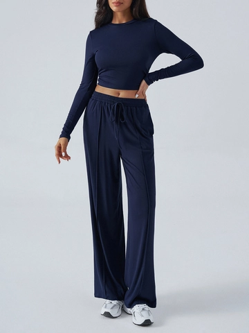 Women Viscose Slim Long Sleeve Crop Top And Drawstring Wide Leg Pants Leisure Yoga Activewear Lounge