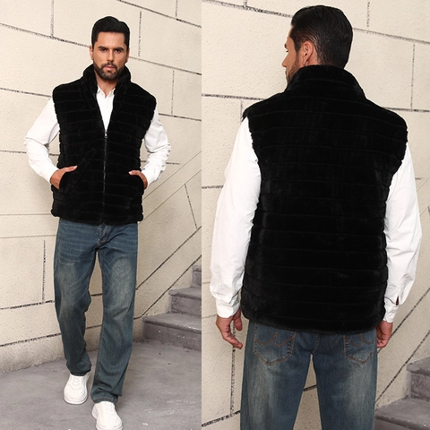 Men Faux Fur Vest Stand Collar Zipper Thick Winter Warm Casual Waistcoat Sleeveless Jacket Black