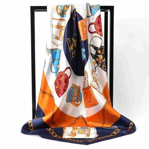 Damen 90x90cm Bedruckter Satin Quadratischer Schal Luxus Handtasche Kette Blumenmuster Große Stola Elegant Mode Hijab Schal