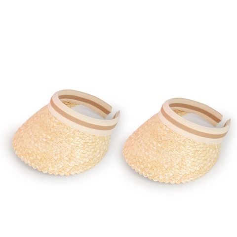 Beige Damen Stroh Sonnenblende Hut Mit Breiter Krempe Sommer Strand UV-Schutz Atmungsaktiv Gestreiftes Gummiband