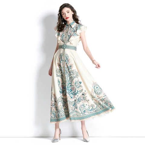 Vintage Paisley Blumenmuster Maxikleid Elegantes Reverskragen Rüschenärmel A-Linie Langes Kleid Mit Gürtel Damen