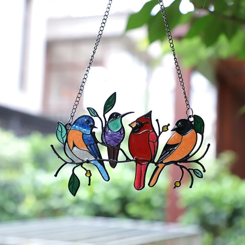 Bird Suncatcher Hanging Ornament Metal Alloy Stained Glass Style Window Wall Art Decor Colorful Birds On Branch Artistic Pendant