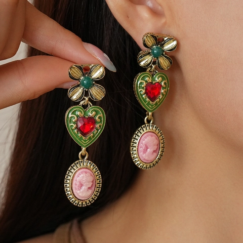 Orecchini Pendenti Cameo Barocco Vintage Con Fiore Cuore Rilievo Ritratto Ottone Strass E Perno In Argento 925