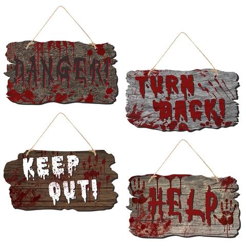 Halloween Horror Faux Wood Door Hanging Sign With Blood Handprints Cardboard Skull Pumpkin Haunted House Party Decor
