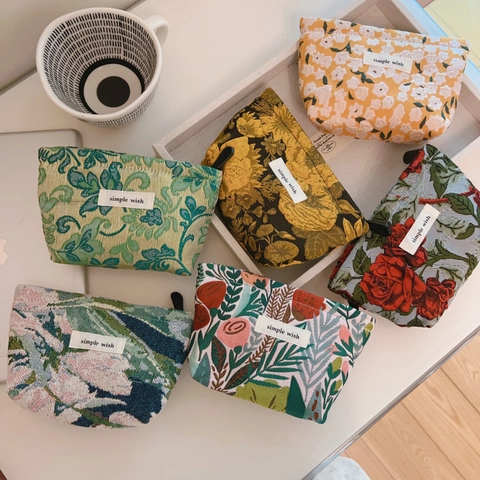 Mini Coin Purse Jacquard Canvas Zipper Storage Bag Vintage Floral Print Small Makeup Pouch Lipstick Card Case For Women
