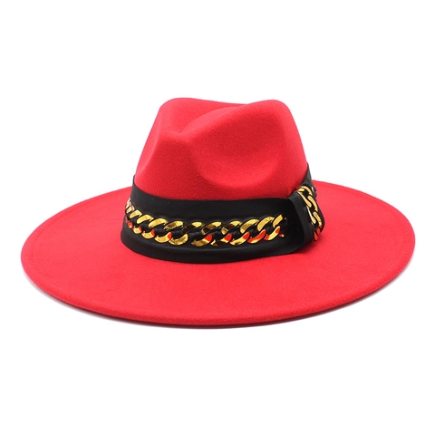Fedora Hat Wool Felt Wide Flat Brim Gold Metal Chain Decor Vintage Elegant Jazz Cap For Women Men