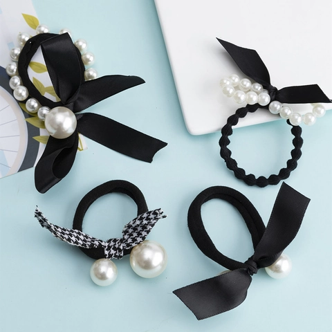 Elegant Faux Artificial Pearl Bowknot Hair Ties Elastic Ribbon Fabric Scrunchies Ponytail Holders For Women Girls Korean Style