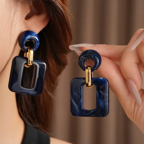 Blue Marble Texture Acrylic Square Drop Earrings With Silver Earring Post Geometric Hollow Vintage Fashion For Women