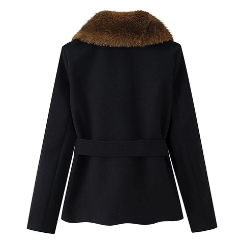 Cappotto Di Lana Nero Da Donna Con Collo In Pelliccia Sintetica Marrone Monopetto Cinturato Elegante Invernale Streetwear