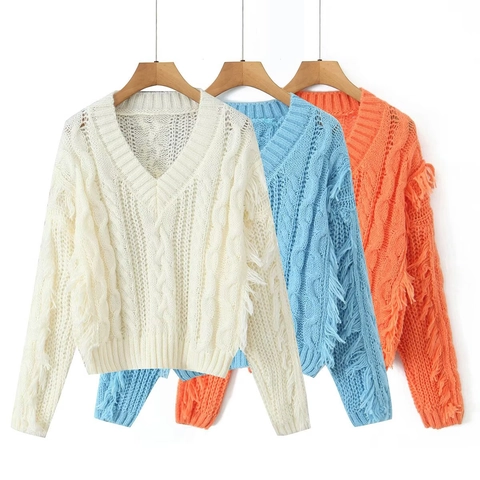 Women V Neck Chunky Acrylic Cable Knit Sweater Tassel Long Sleeve Pullover Soft Warm Fashion Jumper