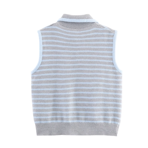 Chaleco De Punto A Rayas Para Mujer Poliéster Cuello Polo Tapeta De Botones Sin Mangas Retro Casual
