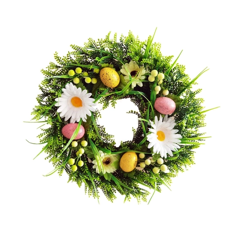 Easter Wreath Artificial Flower Colorful Eggs Plastic Green Leaves Door Hanging Spring Home Wall Decor Festive Ornament