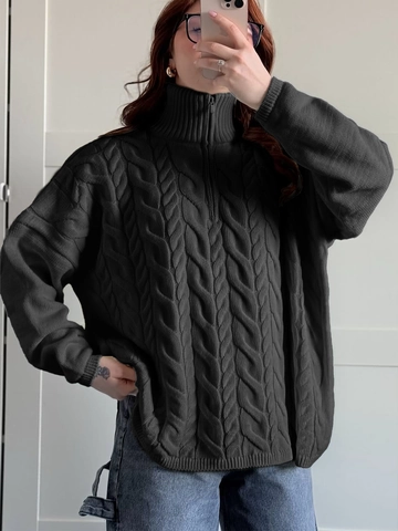 Women Cable Knit Sweater Half Zip Stand Collar Long Sleeve Loose Fit Polyester Acrylic Blend Solid Color Casual Top