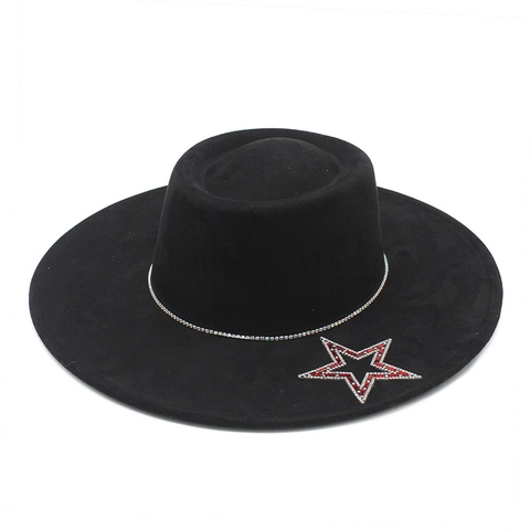 Fedora Hoed Suede Platte Kroon Brede Rand Met Strass Ster En Ketting Decoratie Western Cowboy Jazz Stijl