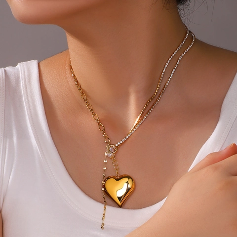 Heart Pendant Necklace Stainless Steel 18K Gold Plated Asymmetrical Rhinestone Artificial Pearl Chain Fashion Jewelry For Women