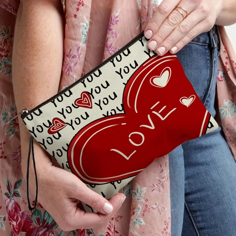 Bolsa De Cosméticos San Valentín Estampado Corazón Lino Neceser Maquillaje Viaje Organizador Almacenamiento Cremallera Pulsera