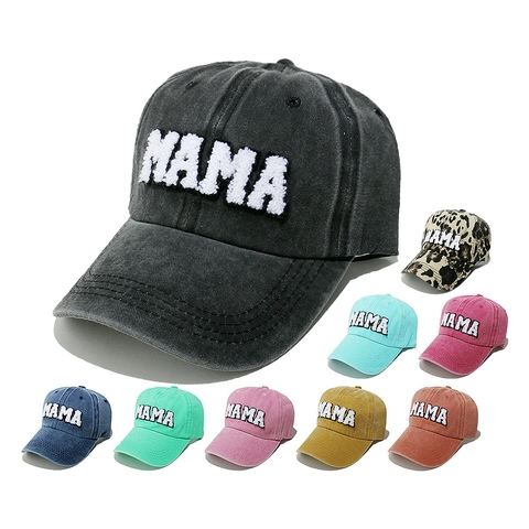 Gewassen Katoenen Honkbalpet Met Mama Chenille Patch Retro Distressed Gebogen Rand Verstelbare Casual Hoed Voor Dames