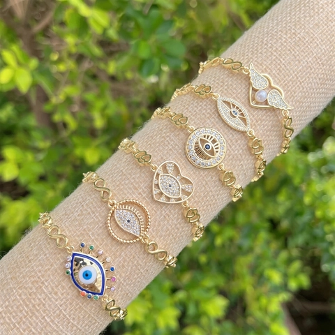 Bracciale in Rame Placcato Oro 18K Con Zirconia Malocchio Cuore Infinito Design Boho Gioielli Regolabili per Donna Uomo