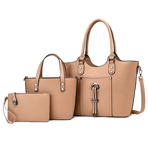 Women PU Leather Tote Bag And Handbag With Small Clutch Tassel Metal Ring Large Capacity Rivets Fashion Commuting