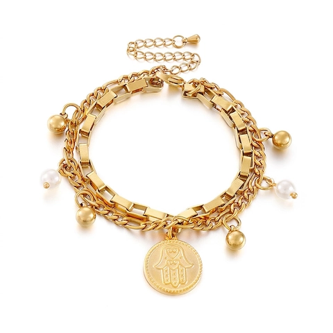 Dubbellaagse Ketting Armband Roestvrij Staal Hamsa Hand Munt Hanger Imitatie Kunstparel Kralen Verstelbare Trendy Sieraden Voor Dames