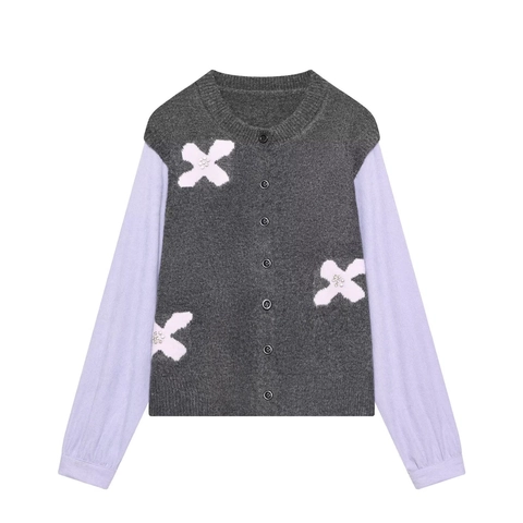 Cardigan In Maglia Da Donna Girocollo Maniche Lunghe Bottoni Strass Patchwork Dolce Casual Moda
