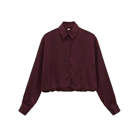 Blusa Corta De Satén Para Mujer Manga Larga Dobladillo Fruncido Color Sólido Elegante Con Botones Cuello Solapa