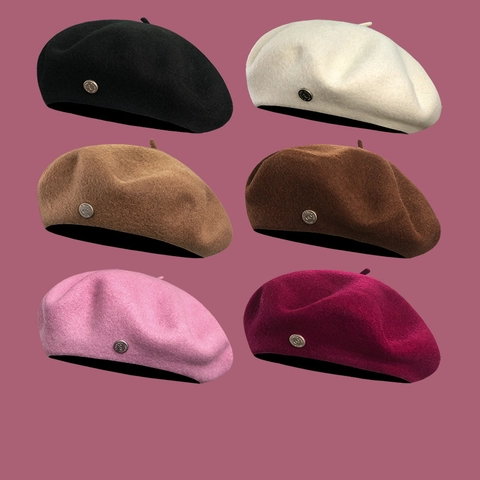 French Retro Wool Beret Hat for Women Winter Warm Solid Color Artist Painter Hat with Metal Buckle Elegant Fashion Headwear
