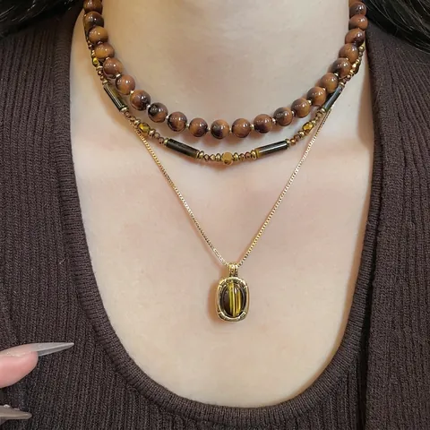 Anhänger Halskette Layered Tigerauge Stein Perlen Kette Retro Maillard Stil Vergoldet Schmuck Geschenk Für Frauen Elegant