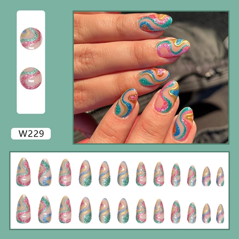 Glitter Colorful Snake Wave Pattern Press On Nails Almond Shape Shiny Sequins Reusable False Nails For Women Daily Decoration