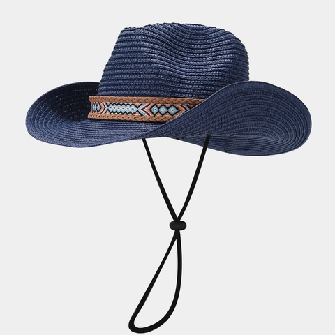 Western Cowboy Straw Hat Woven Sun Protection Bohemian Ethnic Band Adjustable Wind Cord Beach Outdoor Travel