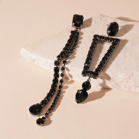 Asymmetric Geometric Tassel Earrings Copper Black Rhinestone With 925 Sterling Silver Earring Post Gothic Women