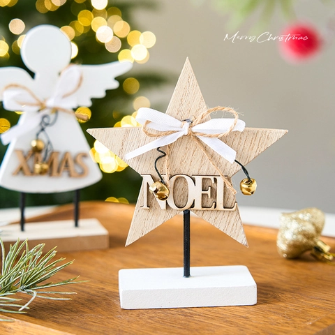 Christmas Wooden Tabletop Ornaments Star Angel Tree With Bells And Bows Rustic Holiday Decor For Living Room Office