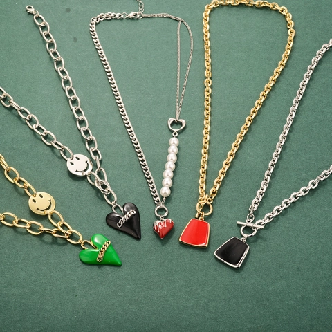Heart Pendant Necklace Alloy Faux Artificial Pearl Enamel Smiley Face OT Buckle Trendy Jewelry For Women