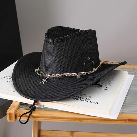 Western Cowboy Straw Hat Metal Star Chain Decor Windproof Adjustable Rope Sun Protection Summer Beach Retro Ethnic Style