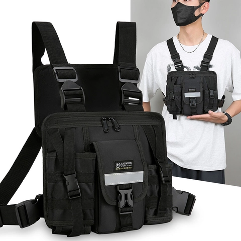 Borsa Da Petto Tattica Oxford Nylon Tasche Multiple Striscia Riflettente Gilet Regolabile Sport All Aperto Uomo Nero